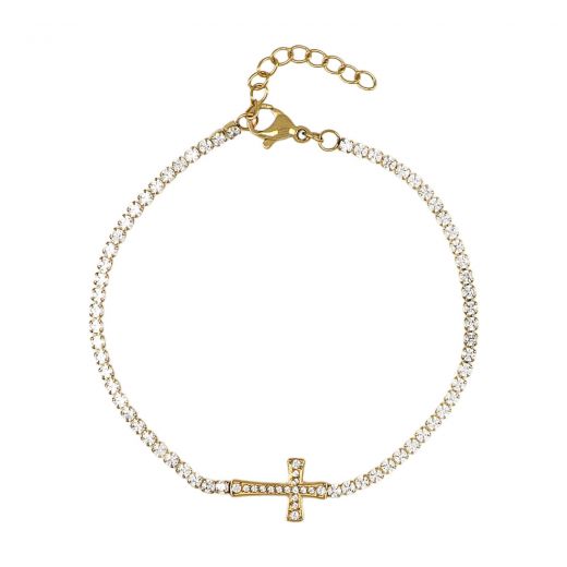 Bracelet riviera made of stainless steel gold plated with zircon and cross