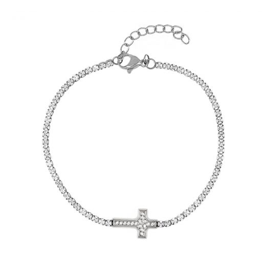 Bracelet riviera made of stainless steel with zircon and cross