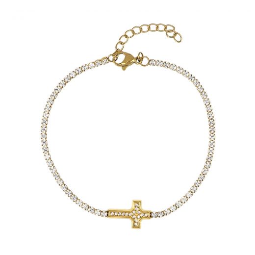 Bracelet riviera made of stainless steel gold plated with zircon and cross