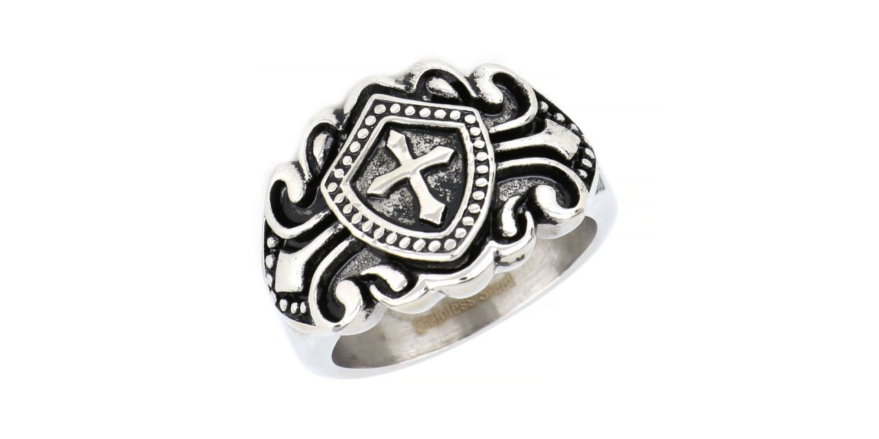 Men's steel ring in chain shape and a cross | Asimetrico.gr