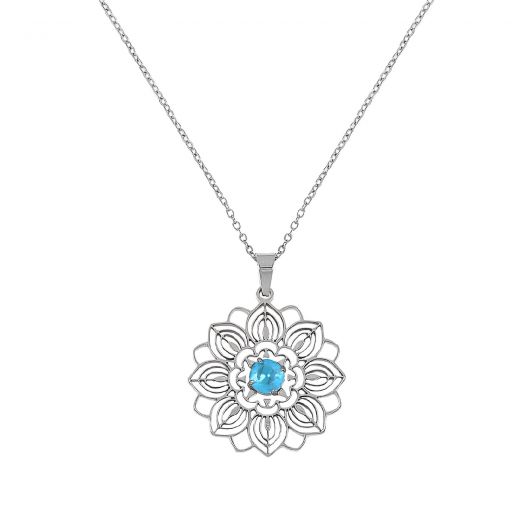 Necklace made of stainless steel flower with blue zircon.