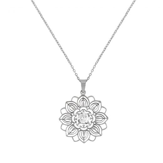 Necklace made of stainless steel flower with white zircon