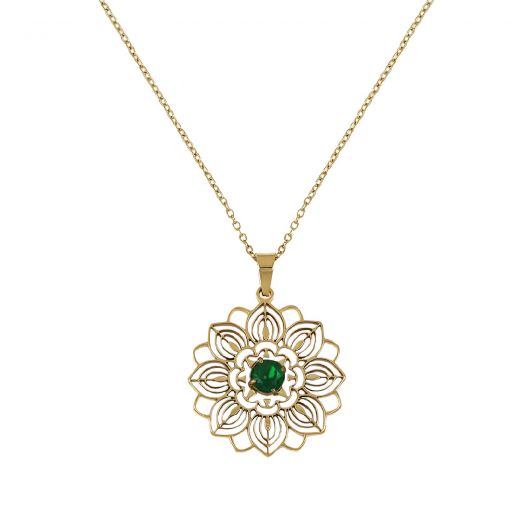 Necklace made of stainless steel gold-plated flower with green zircon.