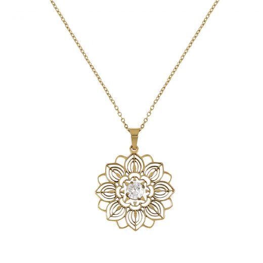 Necklace made of stainless steel gold-plated flower with white zircon