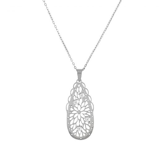 Necklace made of stainless steel teardrop design with inner flower and white zircon