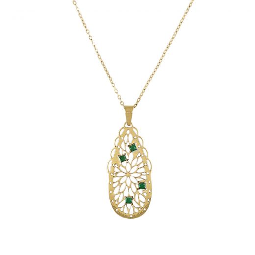 Necklace made of stainless steel gold plated teardrop design with inner flower and green zircon.