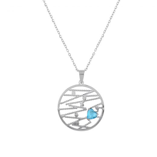 Necklace with circular element stainless steel with heart blue zircon.