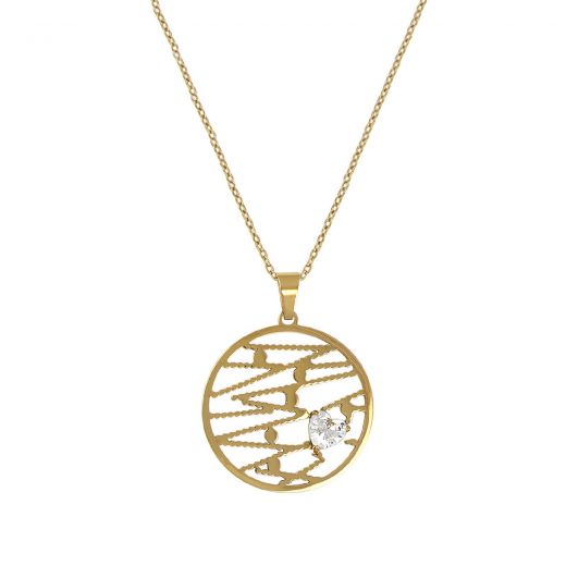 Necklace with circular element gold plated stainless steel with heart white zircon.