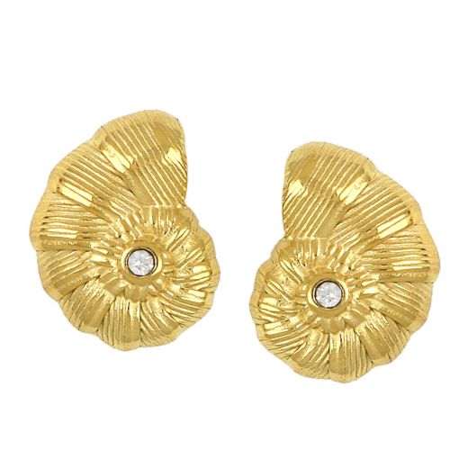 Εarrings made of stainless steel gold plated in a shell design with zircon