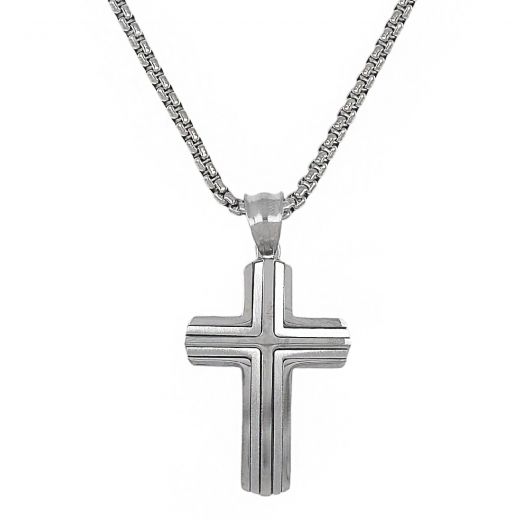 Cross made of stainless steel with vertical and horizontal lines with chain