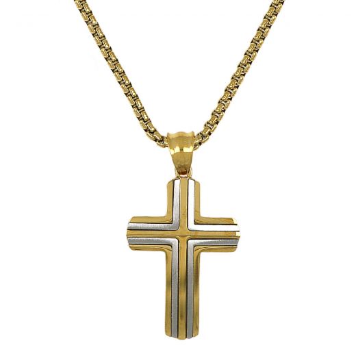 Cross made of stainless steel gold plated with white vertical and horizontal lines with chain