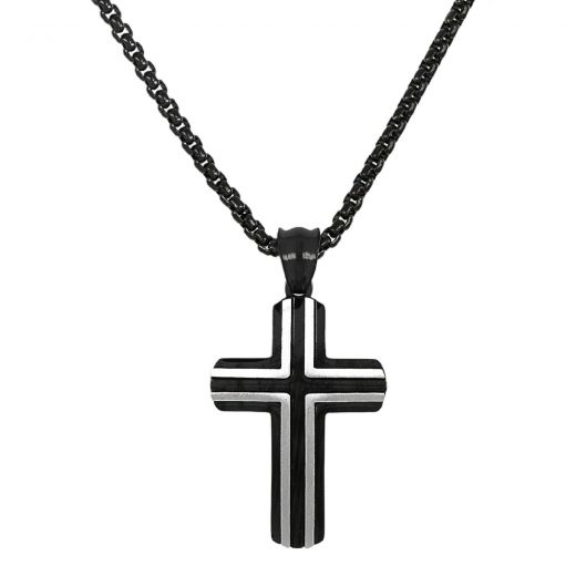 Cross made of stainless steel black with white vertical and horizontal lines with chain