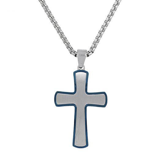 Cross made of stainless steel with blue border with chain