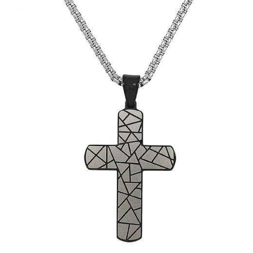 Cross made of stainless steel with black lines with chain