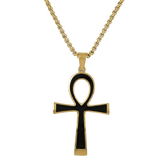 Unisex two-tone black and gold steel cross and gold-plated stainless steel chain